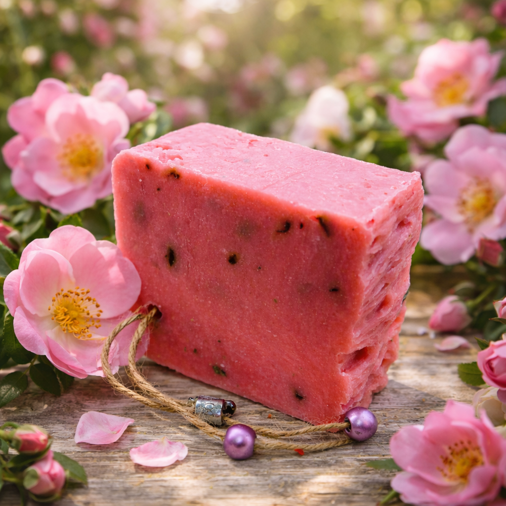 Kaltgerührte Seife Wildrose 150 g – Blumige Schafmilchpflege mit sanfter Peeling-Note | mykima®