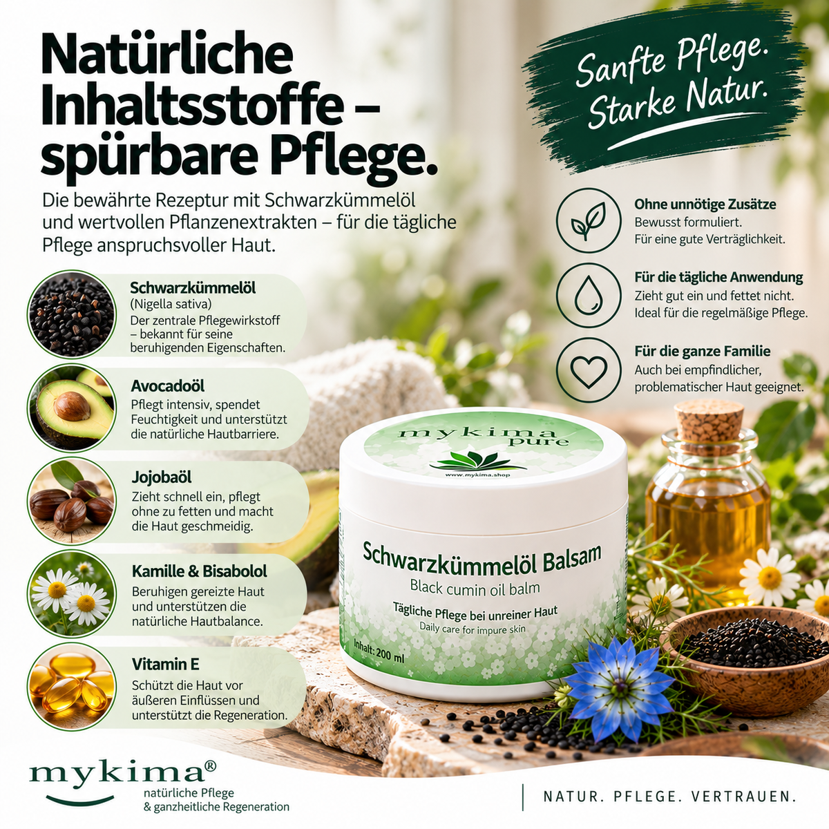Bei Neurodermitis, Psoriasis, Akne und unreiner oder empfindlicher Haut Schwarzkümmelöl Balsam 200 ml | mykima®