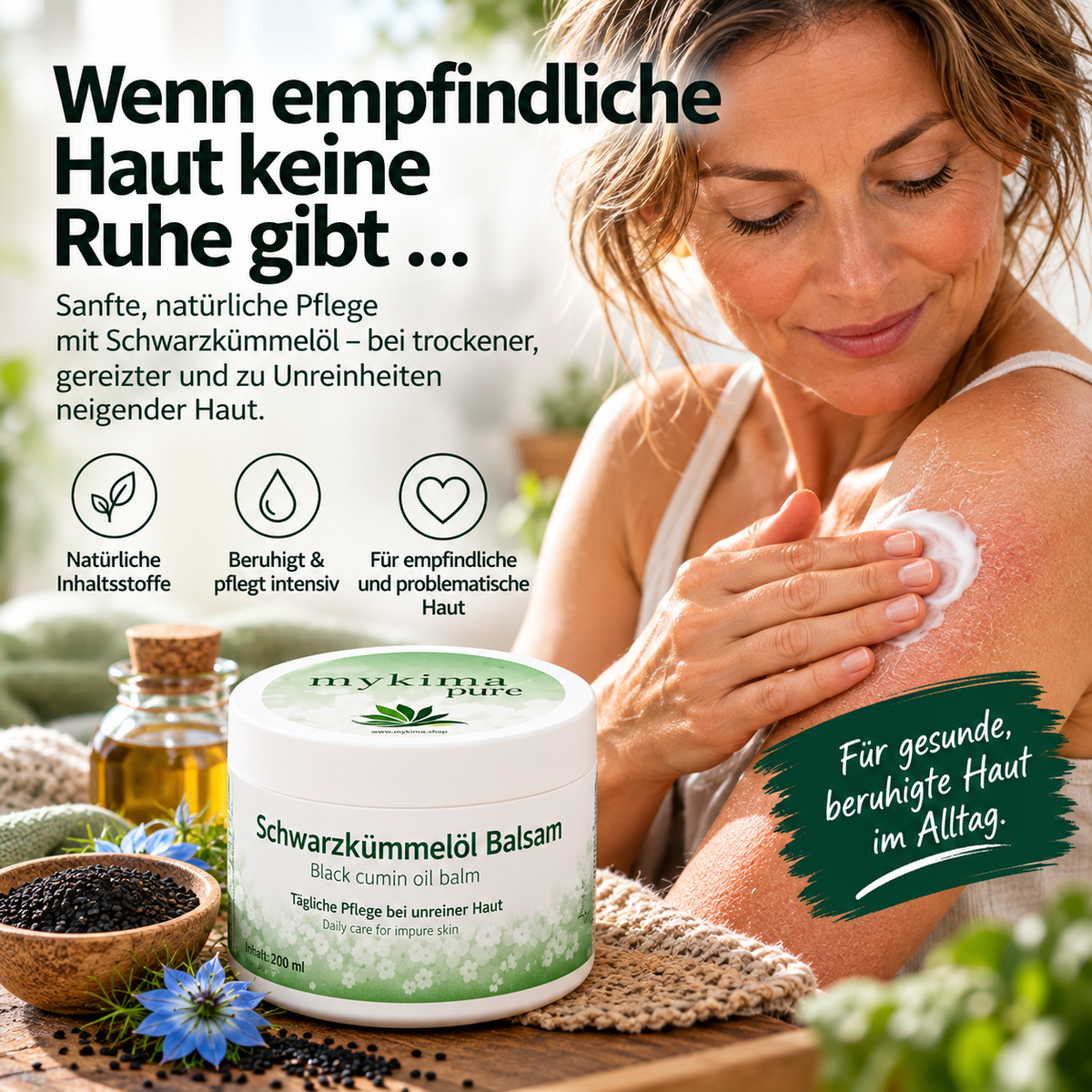 Bei Neurodermitis, Psoriasis, Akne und unreiner oder empfindlicher Haut Schwarzkümmelöl Balsam 200 ml | mykima®