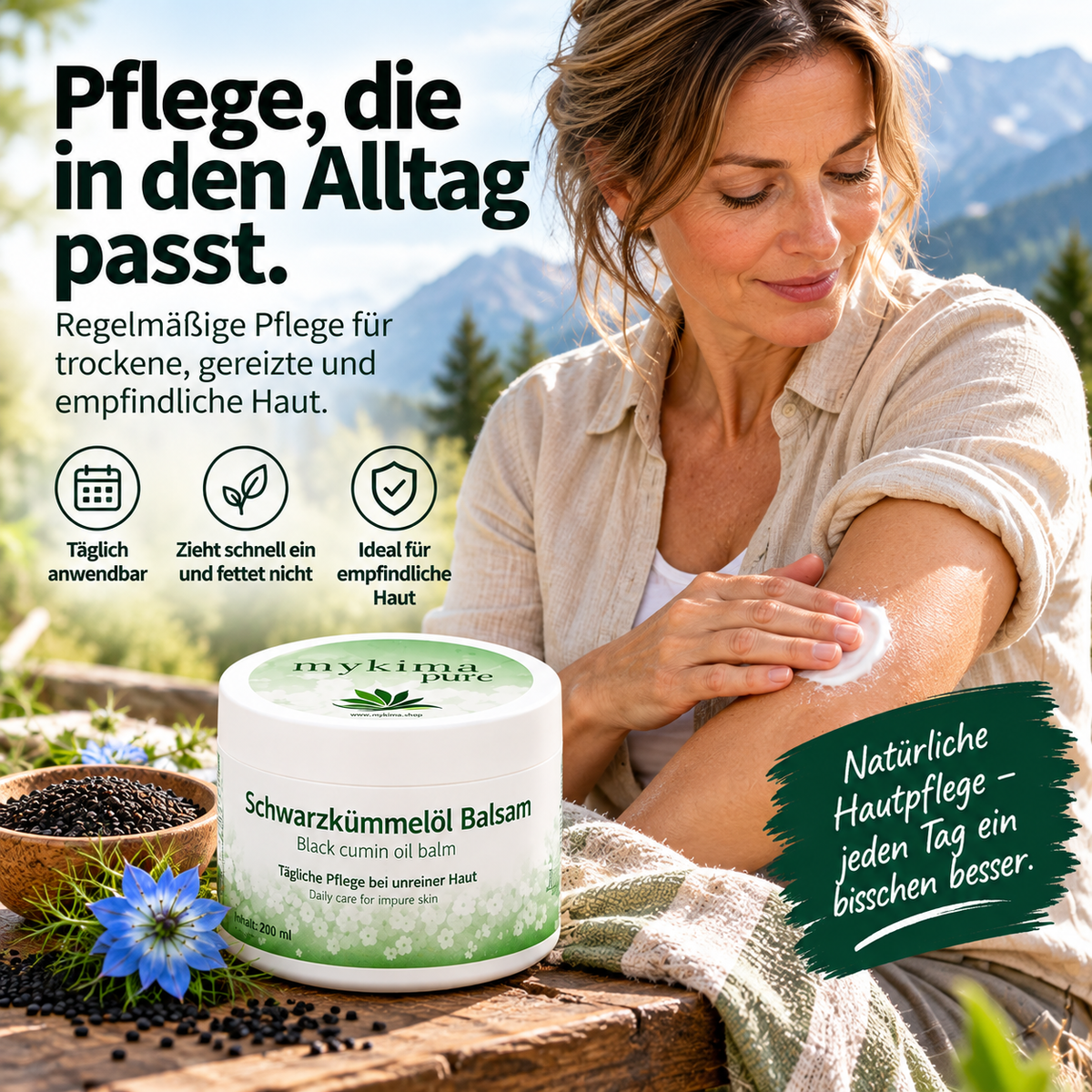 Bei Neurodermitis, Psoriasis, Akne und unreiner oder empfindlicher Haut Schwarzkümmelöl Balsam 200 ml | mykima®